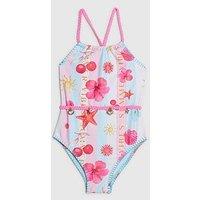 River Island Mini Girls Stripe La Mer Beach Print Swimsuit - Pink/Blue