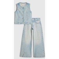 River Island Older Girls Denim Embellished Waistcoat Set - Blue
