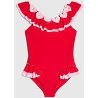 River Island Mini Girls Heart Frill Swimsuit - Red