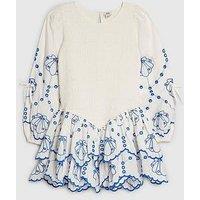 River Island Older Girls Shirred Long Sleeve Dress - White