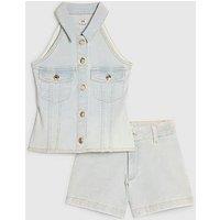 River Island Girls Denim Waistcoat And Shorts Set - Blue
