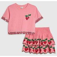 River Island Older Girls Cherry T-Shirt And Skirt Set - Pink