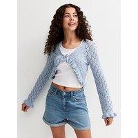 New Look 915 Girls Ruffled Crochet Cropped Cardigan - Light Blue