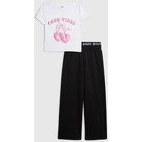 River Island Older Girls Bow Good Vibes T-Shirt Set - Black