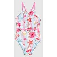 River Island Older Girls Stripe La Mer Beach Print Swimsuit - Blue