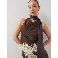 The Very Collection Draped Satin Halter Lace Trim Blouse - Brown