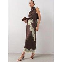 The Very Collection Satin Lace Trim Midi Skirt - Brown