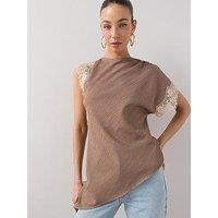 The Very Collection Asymmetric Lace Trim Textured Blouse - Brown