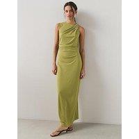 The Very Collection Trim Detail Ruched Asymmetric Hem Maxi Dress - Green