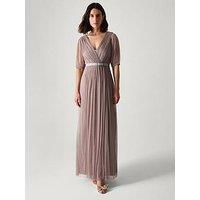 Monsoon Ellie Plunge Tulle Maxi Dress- Brown