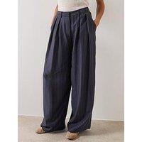 Mango Pinstripe Wide Leg Trousers - Blue