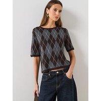 Mango Short-Sleeved Argyle Sweater - Grey