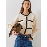 Mango Contrasting Ribbed Cardigan - Beige
