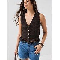 Only Alix Sleeveless Fringe Knit Waistcoat - Mole