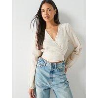 Pieces Agnes Long Sleeve Cropped Tie Top - Cream