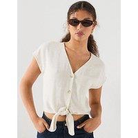Only Siesta Short Sleeve Knot Linen Blend Shirt - Beige