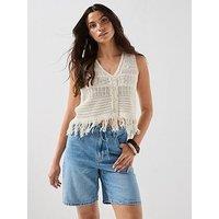 Only Alix Sleeveless Fringe Knit Waistcoat - Ecru/White