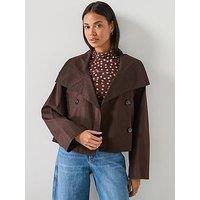 Mango Double-Breasted Cropped Trench Coat - Brown
