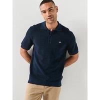 Gant Micro Textured Cotton Knitted Short Sleeve Polo Shirt - Navy