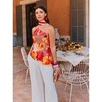 Friends Like These Stripe Floral Print Satin Scarf Blouse Top