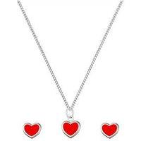 The Love Collection Sterling Silver Red Enamel Heart Necklace And Stud Set