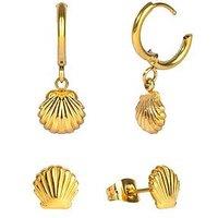 The Love Collection 18Ct Gold Pvd Plated Waterproof Stainless Steel Shell Studs And Huggie Set