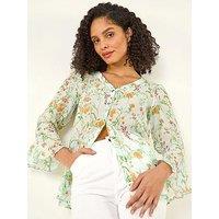 Roman Floral Flare Sleeve Buttoned Blouse