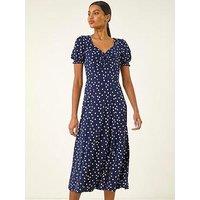 Roman Spot Print Sweetheart Neck Midi Dress