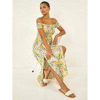 Roman Floral Print Bardot Shirred Midi Dress