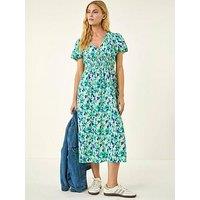 Roman Abstract Shirred Waist Midi Dress