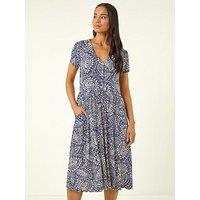 Roman Petite Abstract Button Pocket Stretch Dress