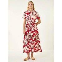 Roman Leaf Print Belted Midi Shirt Dress