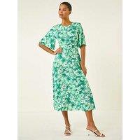 Roman Floral Print Angel Sleeve Midi Dress