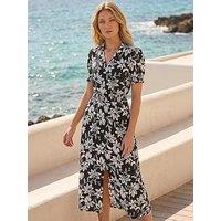 Roman Floral Shirred Collared Midi Dress
