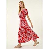 Roman Leaf Print Shirred Maxi Dress