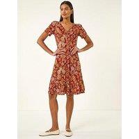 Roman Floral Print Button Stretch Tea Dress