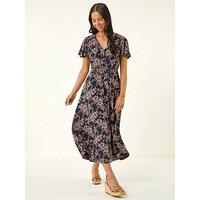 Roman Petite Floral Shirred Midi Dress