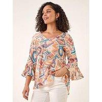 Roman Geometric Print Flute Sleeve Top