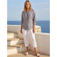 Roman Printed Zip Front V-Neck Stretch Top