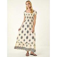 Roman Borderie Shirred Maxi Dress