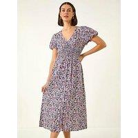 Roman Abstract Print Shirred Midi Dress