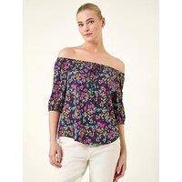Roman Floral Print Stretch Bardot Top