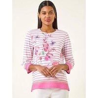 Roman Stripe Floral Print Stretch Top