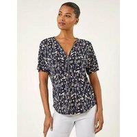 Roman Floral Puff Print Zip Front Top