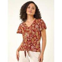 Roman Floral Tie Front Stretch Top