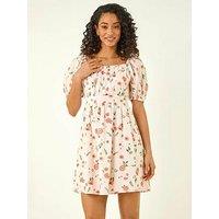 Roman Dusk Floral Print Shirred Dress