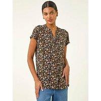 Roman Floral Puff Print Collared Top