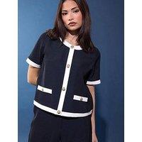 Pixiegirl Petite Button Contrast Trim Short Sleeve Blouse - Blue
