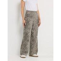 Long Tall Sally Leopard Print Wide Leg Jean 34" - Cream