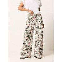 Pixiegirl Petite Floral Stretch Denim Wide Leg Jean - White